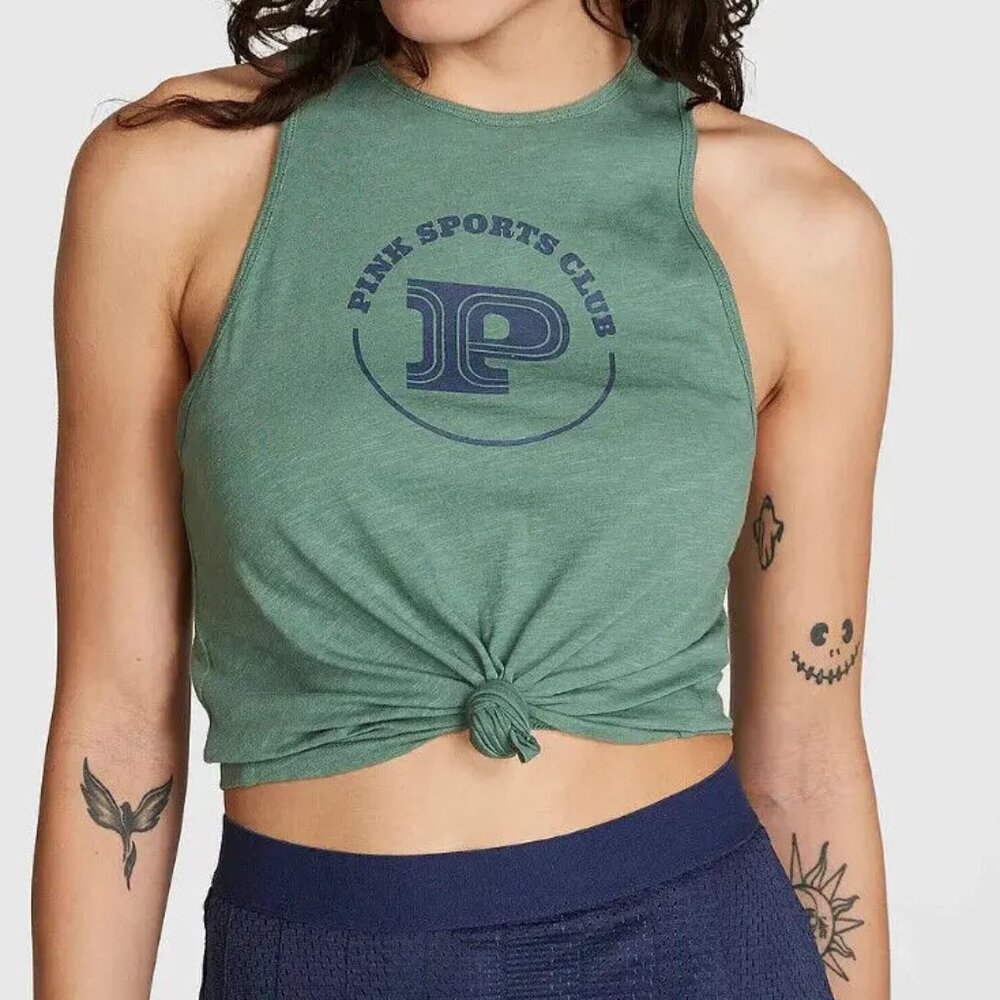 Victoria's Secret Pink Cotton Green Blue Cropped Racerback Tank Top L
